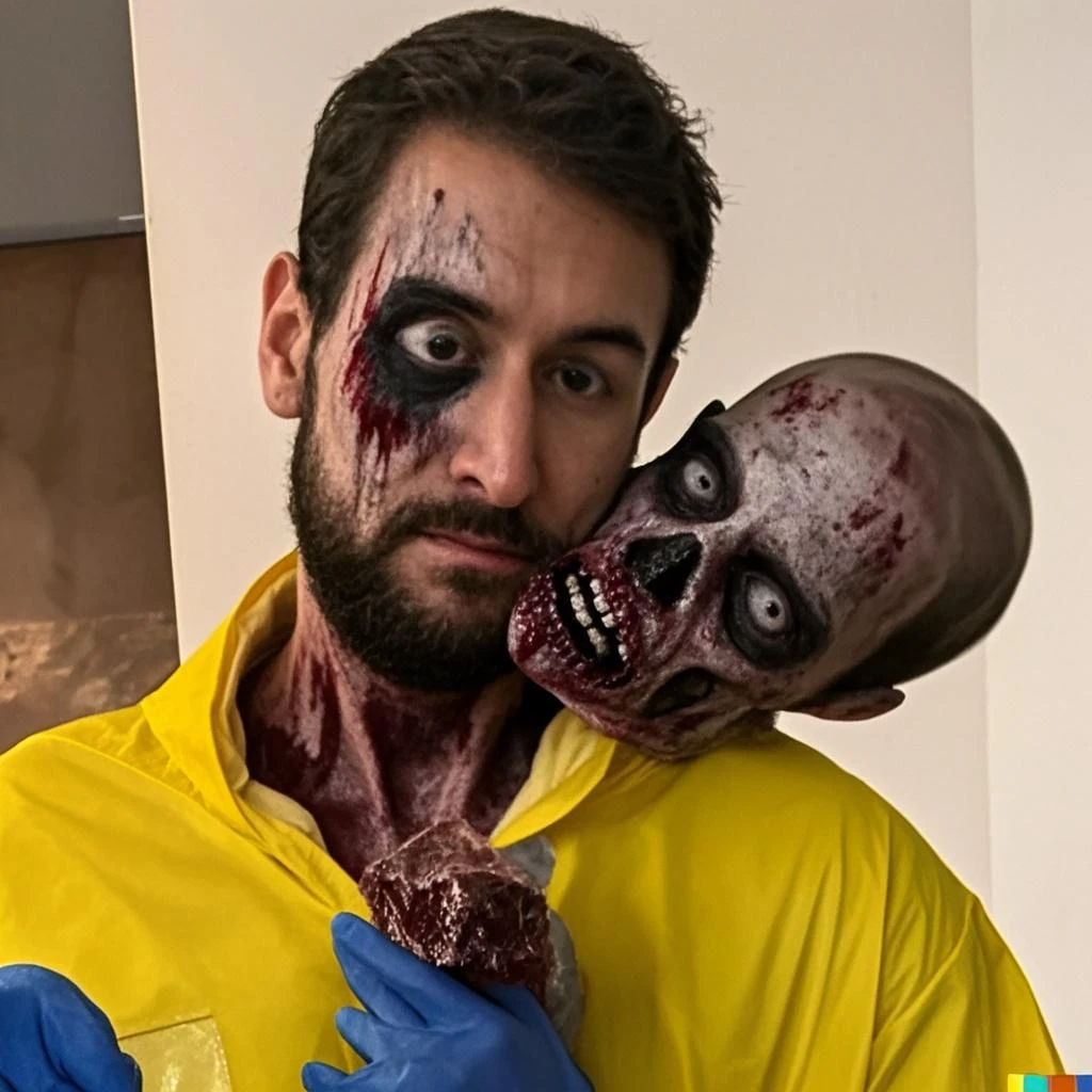 The virus finally begins, consumindo o homem'rosto s, olhos de zumbi, Roupas rasgadas e ensanguentadas, Olhando para as cenas, o corredor estreito e assustador do fundo, volumetric lighting, vida real, Grande angular, muito detalhado, baixo contraste, horror