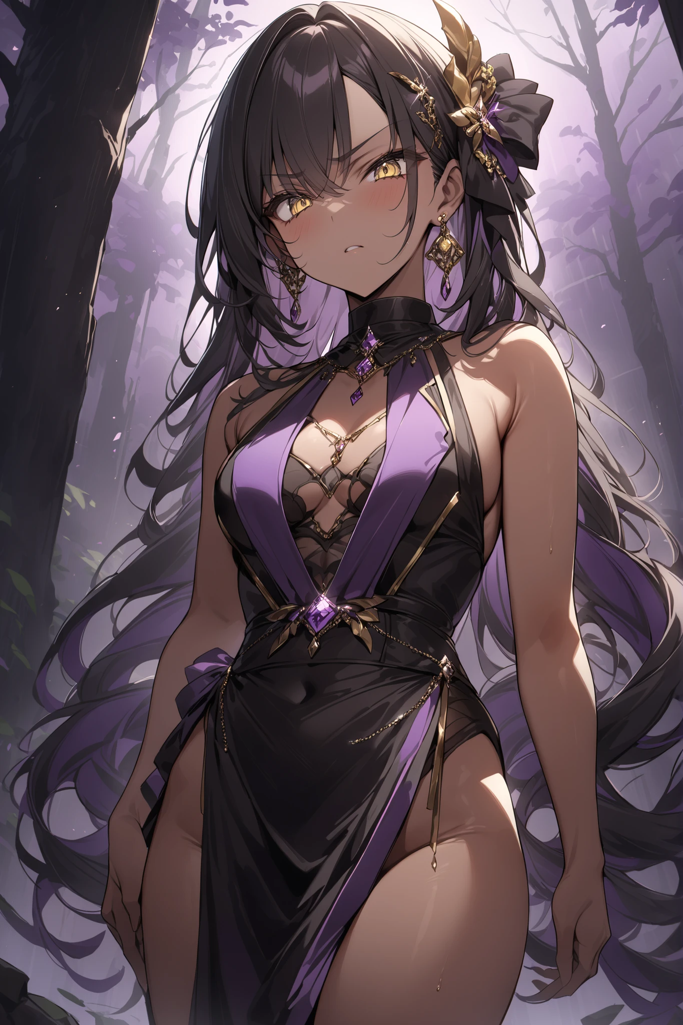 Takada Rokka, rich back lane, Black Hair, blue eyes, Long Hair, List scrunchie,smile,blush,Sleeveless purple white Chinese dress,Long slit,Black pantyhose,Stiletto heels,Walking,
break looking at viewer, whole body, 　　　　　　　　break outdoors, Chinese style street,　　　　　　　　　　 　　　break (masterpiece:1.2), Highest quality, High resolution, unity 8k wallpaper, (shape:0.8), (Beautiful and beautiful eyes:1.6), Highly detailed face, Perfect lighting, Highly detailed CG, (Perfect hands, Perfect Anatomy),