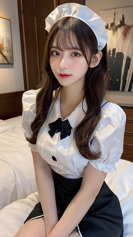 (8k, RAW photo, best quality, table top:1.2), (realistic, photorealistic:1.37), super detailed, 1 girl, cute, alone, beautifully detailed sky, detailed cafe, (night:1.2), sitting, date, (blush), (light smile:1.1), medium breast, dense and beautiful eyes, (collared shirt:1.1), tie, pleated skirt, (wavy hair:1.2), floating hair Shirt with collar:1.1), Busty tie, Pleated skirt,Floaty hair,