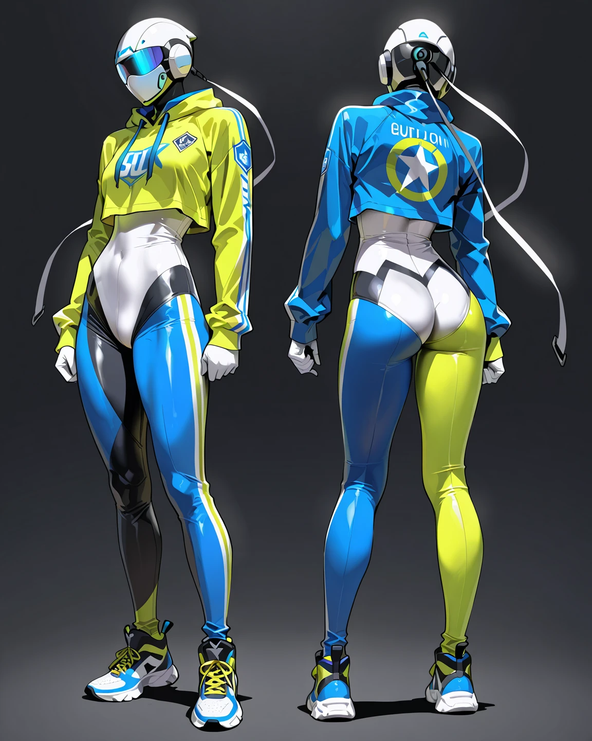 1girl, solo, white background, wattson, masterpiece, highly detailed, blue eyes, blonde hair, short hair, Fluorescent green jacket, Rubber Gloss, white rubber skinsuit, Yellow skateboard shoes, white pants, blush, plain background, back turned