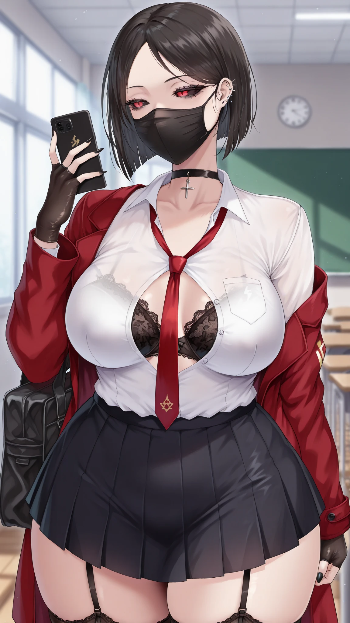 (solo:1.1), (whole body:1.1), (glasses:1.1), girlfriend, bare shoulders, topless, thighs, zettai ryouiki, side-tie panties, (exquisite skirt:1.21), lace-trimmed panties, leg tattoo, black garter straps, short hair, brown hair, ahoge, solo focus, cleavage, (huge breasts:1.1), (covered :1.1), cleavage cutout, perky breasts, choker, blush, (open mouth:1.1), (black thighhighs:1.1), absurdres, cg, (standing:1.21), skirt, (indoors:1.1), taking picture, belly chain, slip dress, crowd, excitement, street shooting, 85mm focal length, fuji color, aperture f8.