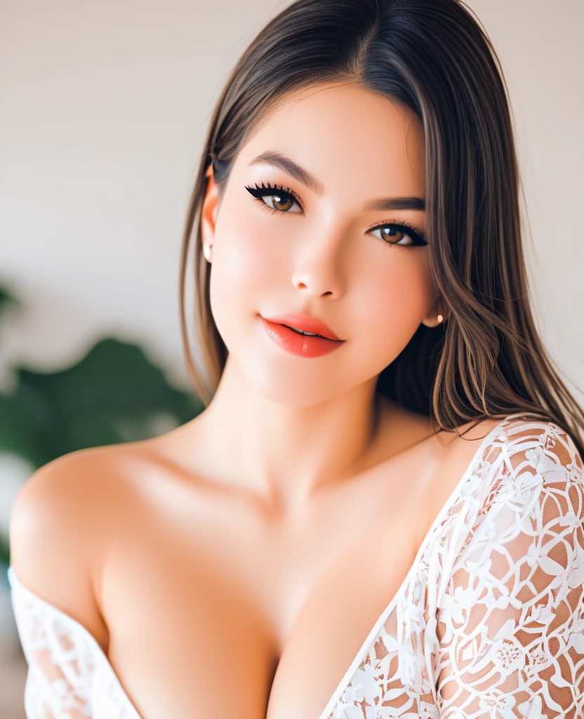 (Best quality, 8k, Masterpiece :1.3)), Sharp focus :1.2, Perfect body beauty: 1.4, Slim abs: 1.2, ((Long Dark brown hair, round breasts: 1.2)), (realistic light, natural lighting: 1.1 ), highly detailed facial and skin textures, detailed eyes, double eyelids, (((Dynamic Angle))), nsfw, 8K raw photo, Best quality, masterpiece, ultra high res, film grain, filmg, 1girl, looking at viewer, natural skin texture, realistic eye and face details, full lips, lipstick, (makeup), "Create a high-quality profile picture of a young Latina woman named Bella Rivera. She is 24 years old, with a softer, curvier build and a warm medium-tan complexion. Bella has an oval-shaped face with high cheekbones, almond-shaped dark brown eyes, and thick, well-groomed eyebrows with a natural arch. Her nose is straight with a slight elegant curve, and she has full lips with a natural pink hue. Bella has a bright, warm smile with subtle dimples, and a small beauty mark above her upper lip on the left side. Her long, wavy hair is deep brown with natural highlights.

In this photo, Bella is wearing a casual yet feminine outfit. She is dressed in a flowy, floral-patterned sundress that highlights her curves and enhances her soft build. The dress has a light, pastel color palette and delicate details such as ruffles or lace. She accessorizes with simple, elegant jewelry like small hoop earrings, a delicate necklace, and a couple of bracelets. Her makeup is natural, with a focus on her bright smile and expressive eyes.

Bella should be standing or sitting in a relaxed and comfortable pose, perhaps holding a cup of coffee or a bouquet of flowers, to enhance the casual and feminine vibe. The background should be a softly blurred outdoor setting, like a park or garden, with natural light highlighting her features and outfit." black pantyhose,