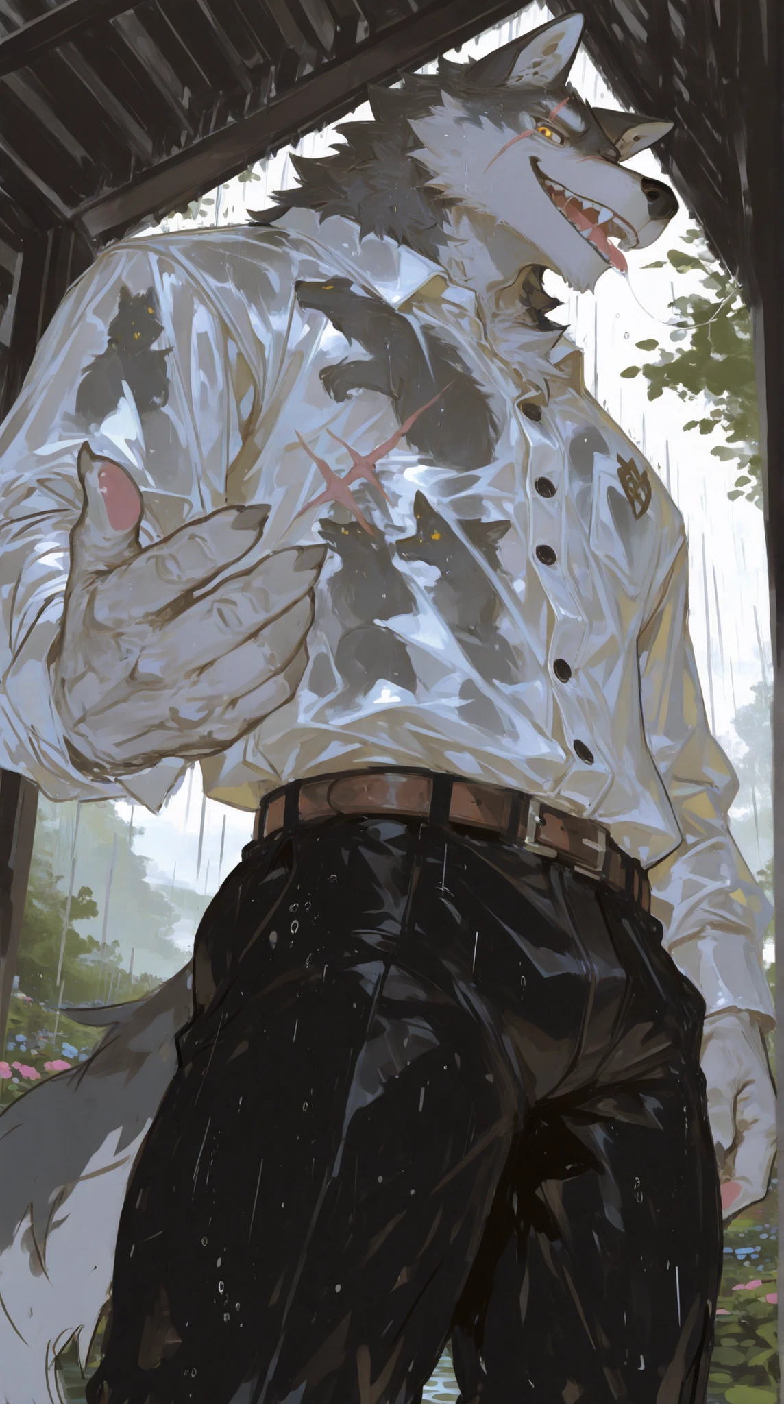 1 Uncle,(((middle-aged_male:1.5))),old_man:0.5,Gray Wolf,furry,behind it is a rainy day,rain,Wet,transparent shirt,garden,Front View,Golden Eyes,gray fur,white body,Wet,Front View,Dress Shirts,white suit shirt,button-down long sleeve shirt,black suit pants, belt ,Standing by the lake,outdoor, from a bird's-eye view,The sky has swallows flying past(stout),strong ones,Abdominal muscles,((:1.3)),(( adult)),((older)),outdoor,8,((downstairs)),strong ones,pink paw,paw,bulge:0.5,, looking_at_viewer,Calm,face is expressionless,Caress_at_viewer,low_angle, from_below, looking_down,best quality, masterpiece, muscular, solo, detailed pupils, bara, wolf, black fur, narrow waist, male focus, muscular, mature, furry, large pectorals,soft lighting, scar on face, scar across eye, scar, mane, thick thighs, tail, dynamic pose, open mouth, smirk, teeth, saliva trail, looking at viewer, (sketch, flat color, sketch marks, flat shading:1.3), emphasis lines, motion lines, (line art:1.1), BREAK score_9_up,score_8_up,score_7_up,score_6_up,score_5_up,score_4_up, wolf boy,Negative prompt: text,logo,signature,bad hands,bad anatomy,hair,lowres,low quality,watermark,logo,one hand inviting viewer,teasing viewer,beckoning