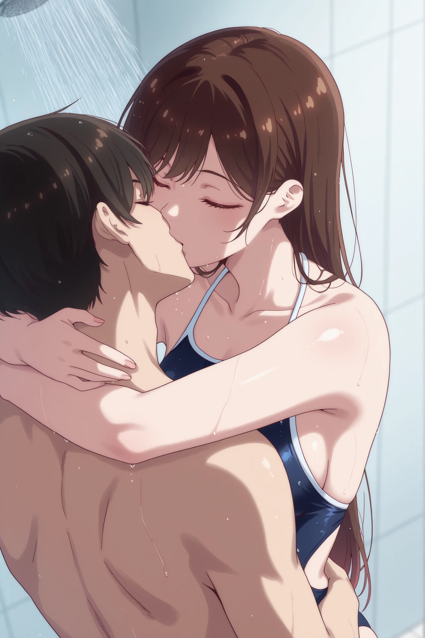 Japanese woman in swimsuit、Take a shower while being hugged from behind by a man in a swimsuit、Sleep on your back with your eyes closed、kissing each other
