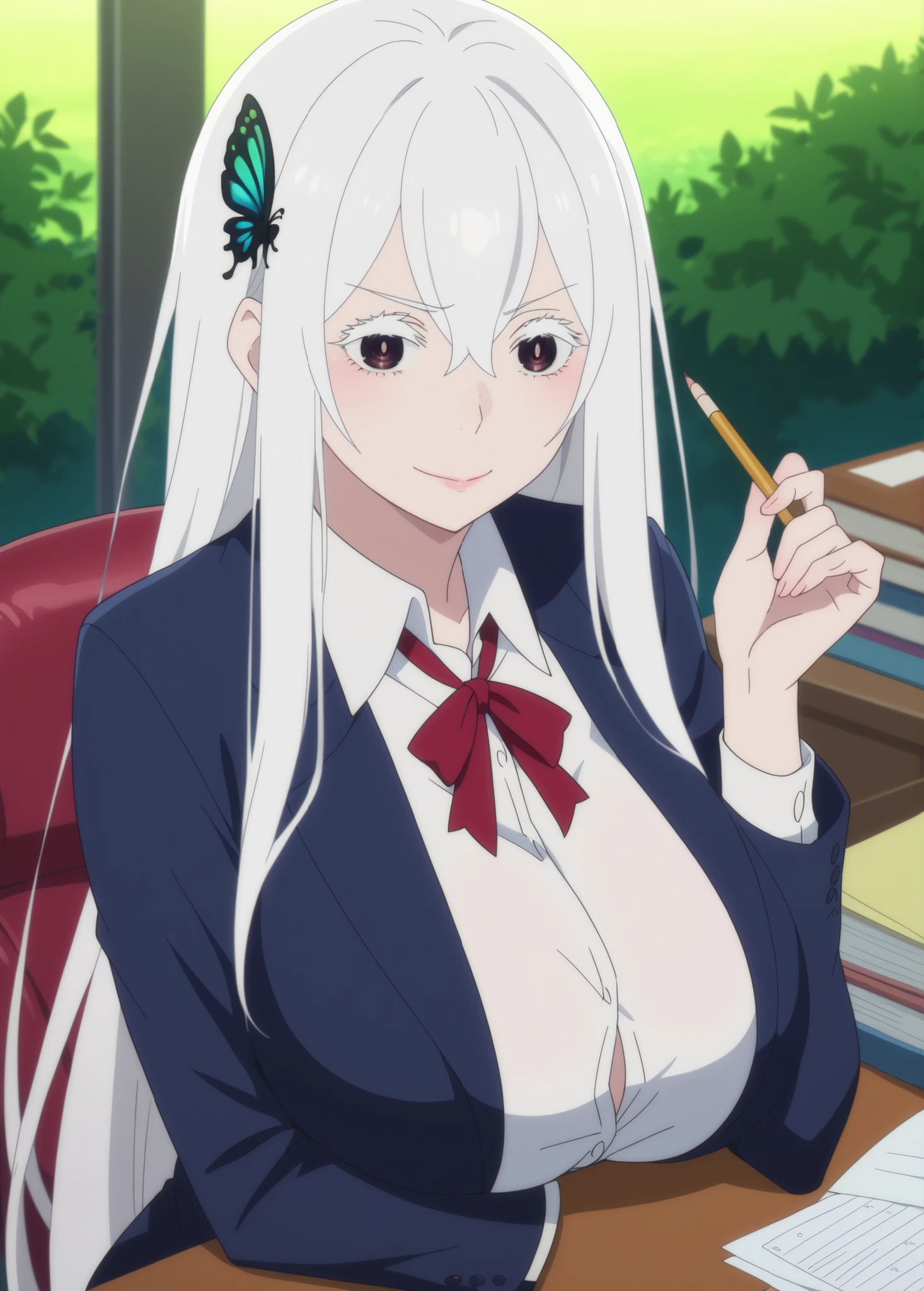 score_9, score_8_up, score_7_up, source_anime, anime screencap, KJOechidna, adult female, white hair, closed mouth, light smile, lips, white eyelashes, thick eyelashes, hair between eyes, butterfly hair, ornament,dark eyes, pale skin, very long hair, Sexy, outdoors , front view detailed body, suit, office lady, pencil skirt, unbuttoned jacket, office desk, Huge breasts,
