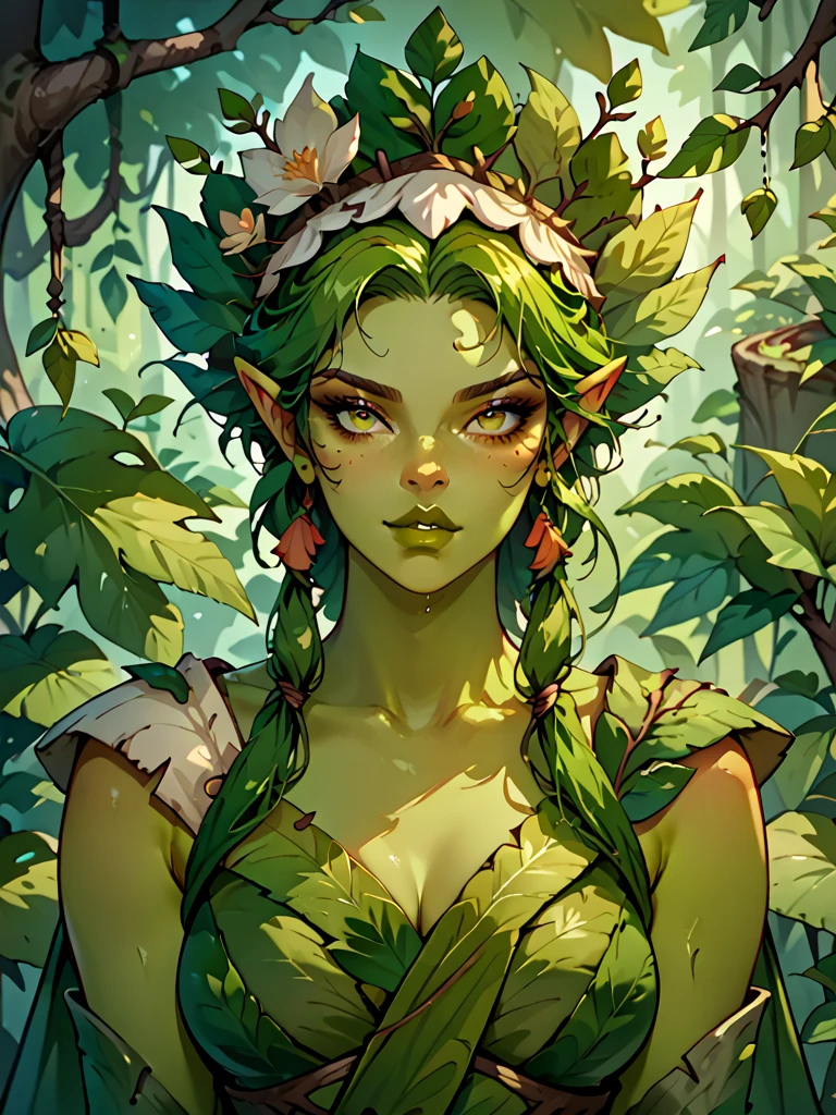 <lora:strawberry_mix:0.7>,(inzaniak:1.2),absurdres,detailed_background,outdoors,green_skin,digimon,1girl,digimon_(creature),looking_at_viewer,colored_skin,pointy_ears,solo,green_eyes,female_focus,flower