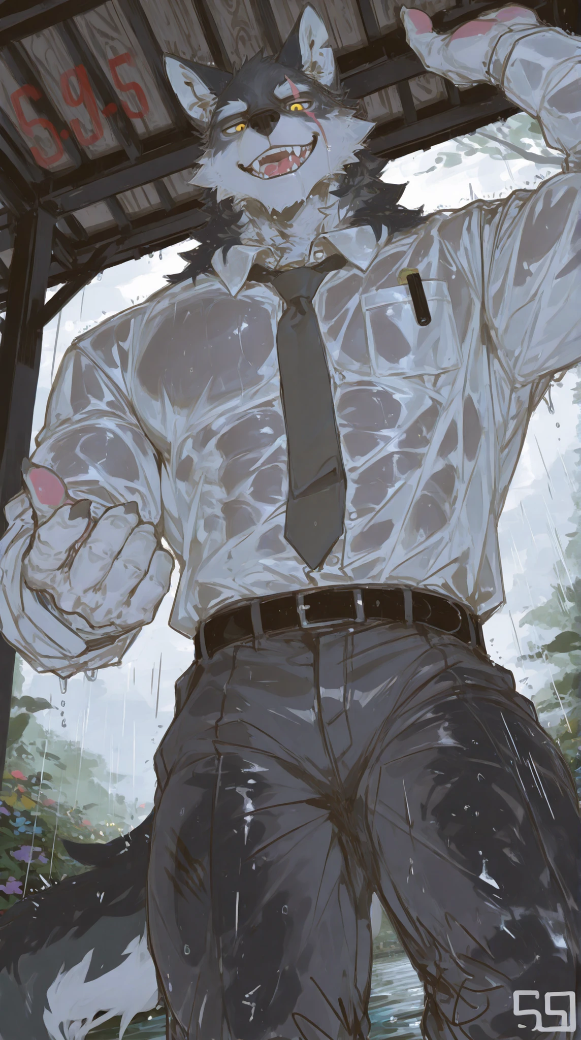1 Uncle,(((middle-aged_male:1.5))),old_man:0.5,Gray Wolf,furry,behind it is a rainy day,rain,Wet,transparent shirt,garden,Behind you is the lake,Trees,Front View,Golden Eyes,gray fur,white body,Wet,tie,Dress Shirts,white suit shirt,button-down long sleeve shirt,dark gray work pants, belt , from a bird's-eye view,(stout),strong ones,Abdominal muscles,((:1.3)),(( adult)),((older)),outdoor,8,((downstairs)),strong ones,pink paw,paw,bulge:0.5,, looking_at_viewer,Calm,face is expressionless,Caress_at_viewer,low_angle, from_below, looking_down,best quality, masterpiece, muscular, solo, detailed pupils, bara, wolf, black fur, narrow waist, male focus, muscular, mature, furry, large pectorals,soft lighting, scar on face, scar across eye, scar, mane, thick thighs, tail, dynamic pose, open mouth, smirk, teeth, saliva trail, looking at viewer, (sketch, flat color, sketch marks, flat shading:1.3), emphasis lines, motion lines, (line art:1.1), BREAK score_9_up,score_8_up,score_7_up,score_6_up,score_5_up,score_4_up, wolf boy,Negative prompt: text,logo,signature,bad hands,bad anatomy,hair,lowres,low quality,watermark,logo,one hand inviting viewer,teasing viewer,beckoning