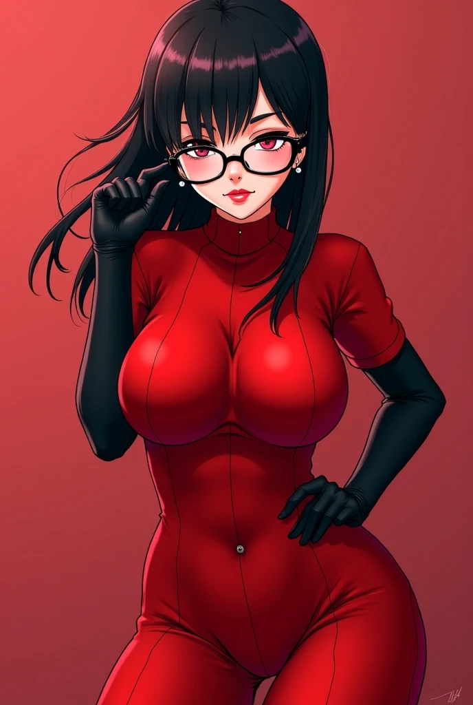 A freckled girl with glasses, black hair, pigtails and pink gloves wearing a red enamel catsuit with a shy expression at the Comiket venue