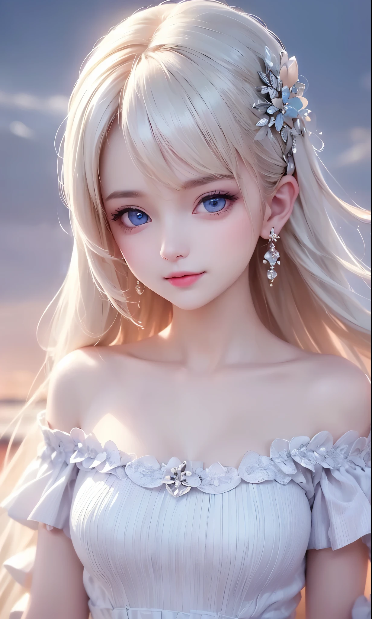 ((softwares: 1.4)), (( detailed faces with ofisu, cute face, detailed faces with ofisu, professional photography)), ((weapons)), (( off-shoulder top)), (( shiny platinum blonde silk hair, beautiful shiny bungs, big clear sky blue eyes, very beautiful bright eye highlights, earring, 1 girl)), Ultra high resolution, (Realistic: 1.4), raw photo, top quality, (PhotoRealistic Stick), Focus, soft light, (()), (( (Young face))), (surface), (depth of field), masterpiece, (Realistic), Woman, bungs, ((1 girl))