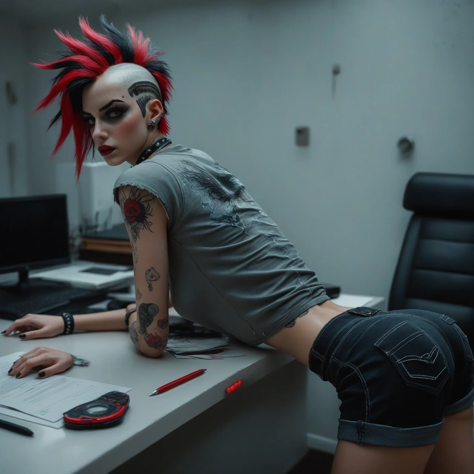 (In style of the 80s and 90s). anime female character, short colored hair, blue eye color, wearing sunglasses, black tattoo on neck , in the hack room, bottom view, digital painting "lighting": "dramatic red light, deep shadows", "resolution": "8K, ultra-detailed", (full length), no posing