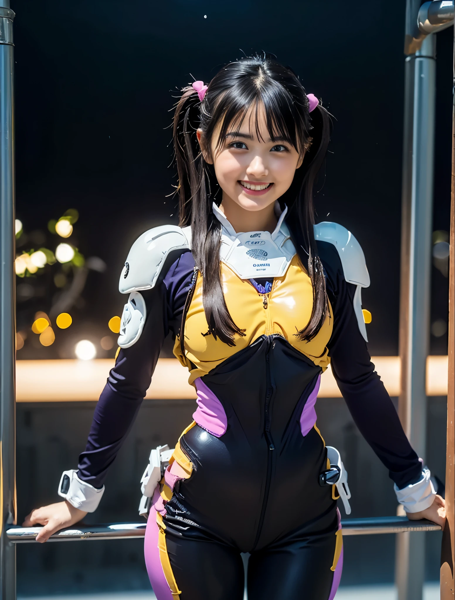 (8k、 RAW pictures 、最high quality:1.2),( dark haired、Dark Eyes:1.8),(yellow and purple pink ranger costume:1.5), front view,(camel toe:1.2)、(Thin Waist :1.2)、(plug suit to accentuate body line and nipples :1.3)、(White latex gloves:1.2)、( Big breasts:1.2)、 with Penis Ultra High Accuracy, beautiful face,(1 person:1.9) ,(Exposing skin:1.2)、( cute face :1.9)、( cute smile: 1.6)、(round face: 1.9), ( no background:1.8),(twin tail:1.3)、 high quality
