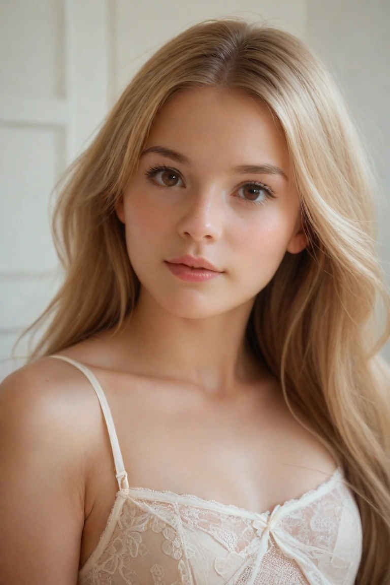 Best image quality, 4k, masterpiece, teenage female, white and tender skin, blonde floppy long hair, red eyes, green and slightly mature, cute and soft, young, godly eyes, exquisite hair, look at the lens, face focus, smile, delicate facial features, front lighting, front light source, portraiture, face magnification, face close-up, above the shoulder, cute feeling, excellent posture to capture the sight, portrait painting effect, blue sky and white clouds, roses