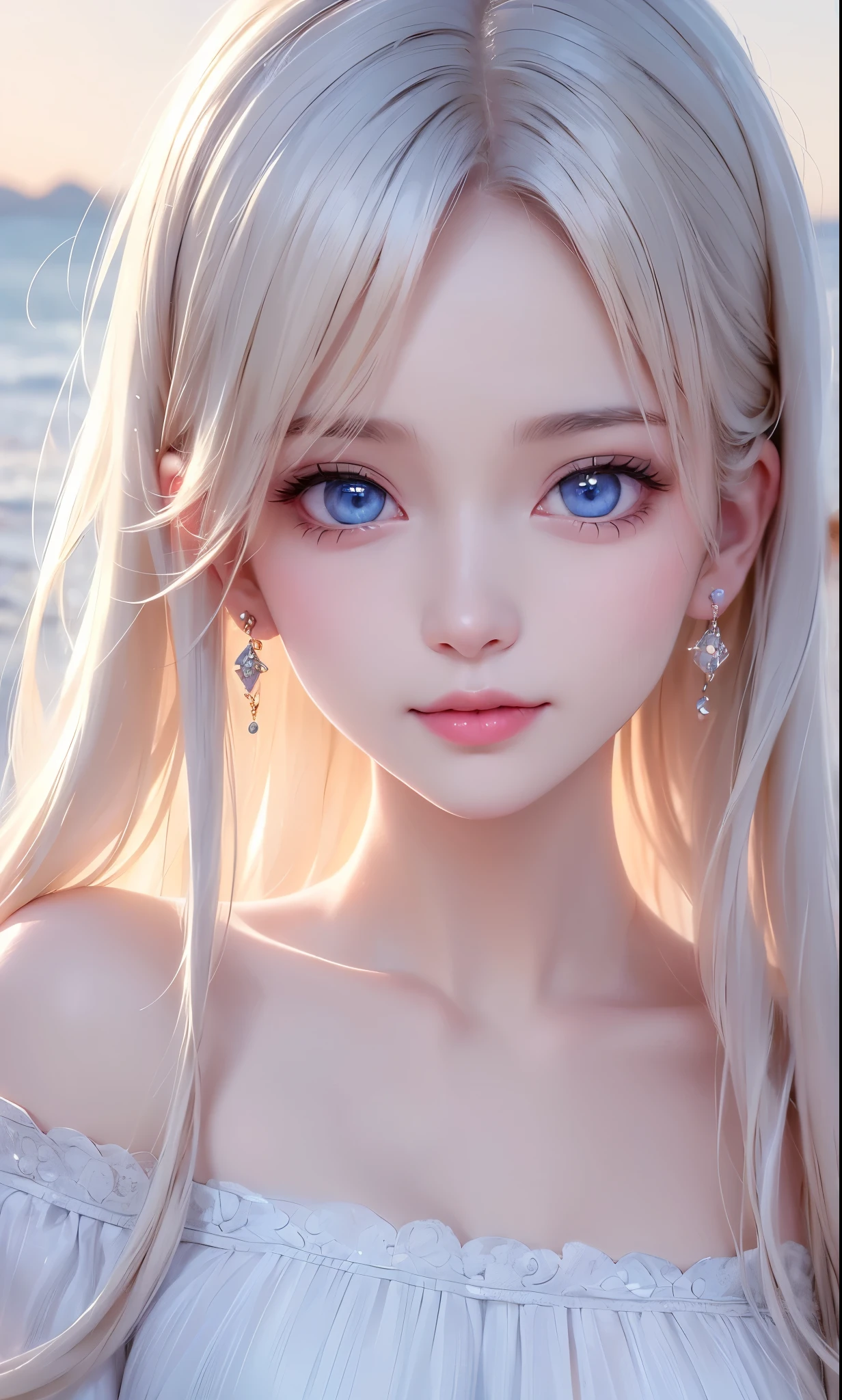 poneyTail, White beige, hair clips, colored contact lenses(Shelley Greige), aqua eyes, breastsout, smiley, Jewelry, Modern, Chiaroscuro, Cinematic lighting, NIKON, 85 mm, High quality, 8K, Best Quality, Super Detail