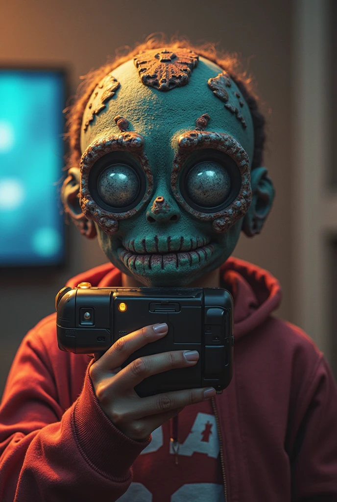 2D image, funny cartoon zombie holding photo camera, solid black background