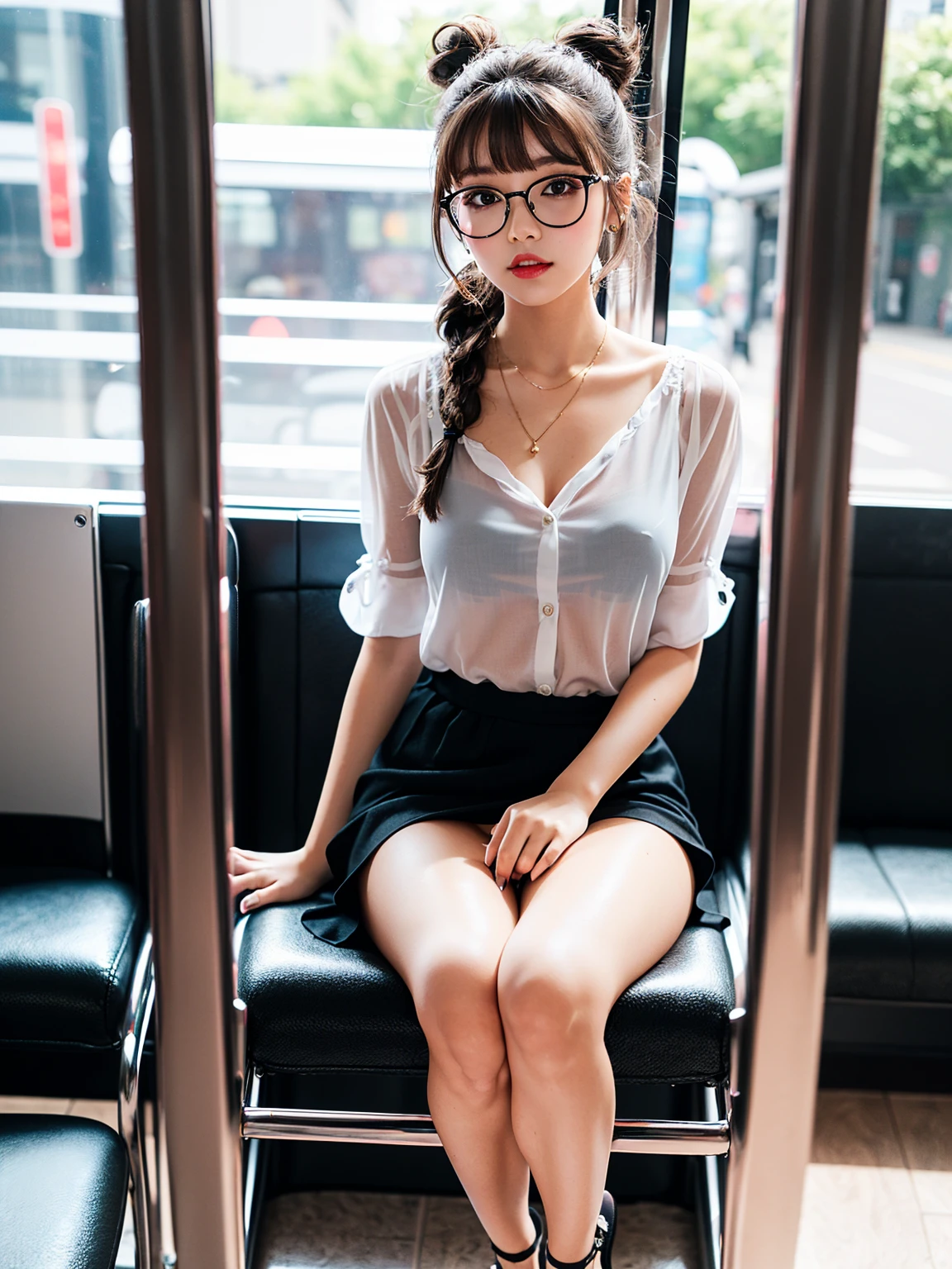 high quality masterpiece, cinematographic scene, 4K resolution, american shot, of an attractive young secretary with feminine Polish face features, light skin with short, straight, intense black hair, sensual pose, in cyberpunk city´s streets, wearing a fitted gray tailored pleated cotton office mini skirt that allows you to completely see her right leg, medium firm bust, wide thighs,fitted white office blouse half unbuttoned, classic black glasses, soft but feminine makeup, glitter eye shadow and lip gloss, sensual dream body