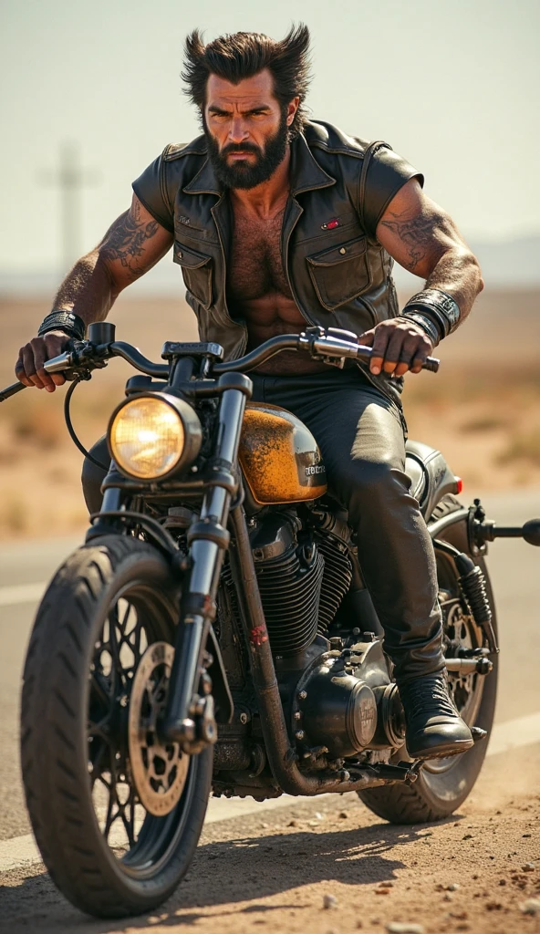1980s, cafe racer, Harley Davidson, man, riders wear, beautiful face, torn pants, very intricate details, clean paint, single road in wilderness, realistic photo, taken with Fuji film X-T30+Nokton. HDR10