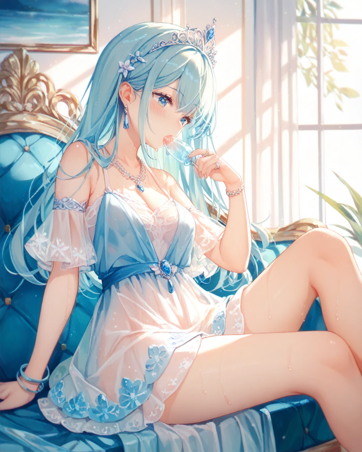 Glowing blue butterfly,Blue sexy nightdress,1girll,blue color eyes,long white hair,indoor room,legs are open,The reveal panties,looking toward the viewer,Seductive pose, Blush, Smile, cheerfulness, Masterpiece, Best quality, There is a gemstone necklace around the neck,A high resolution,Detail enhancement,best qualtiy,Perfect image quality,Elegant and lightweight blue silk dress,Beautiful and gentle