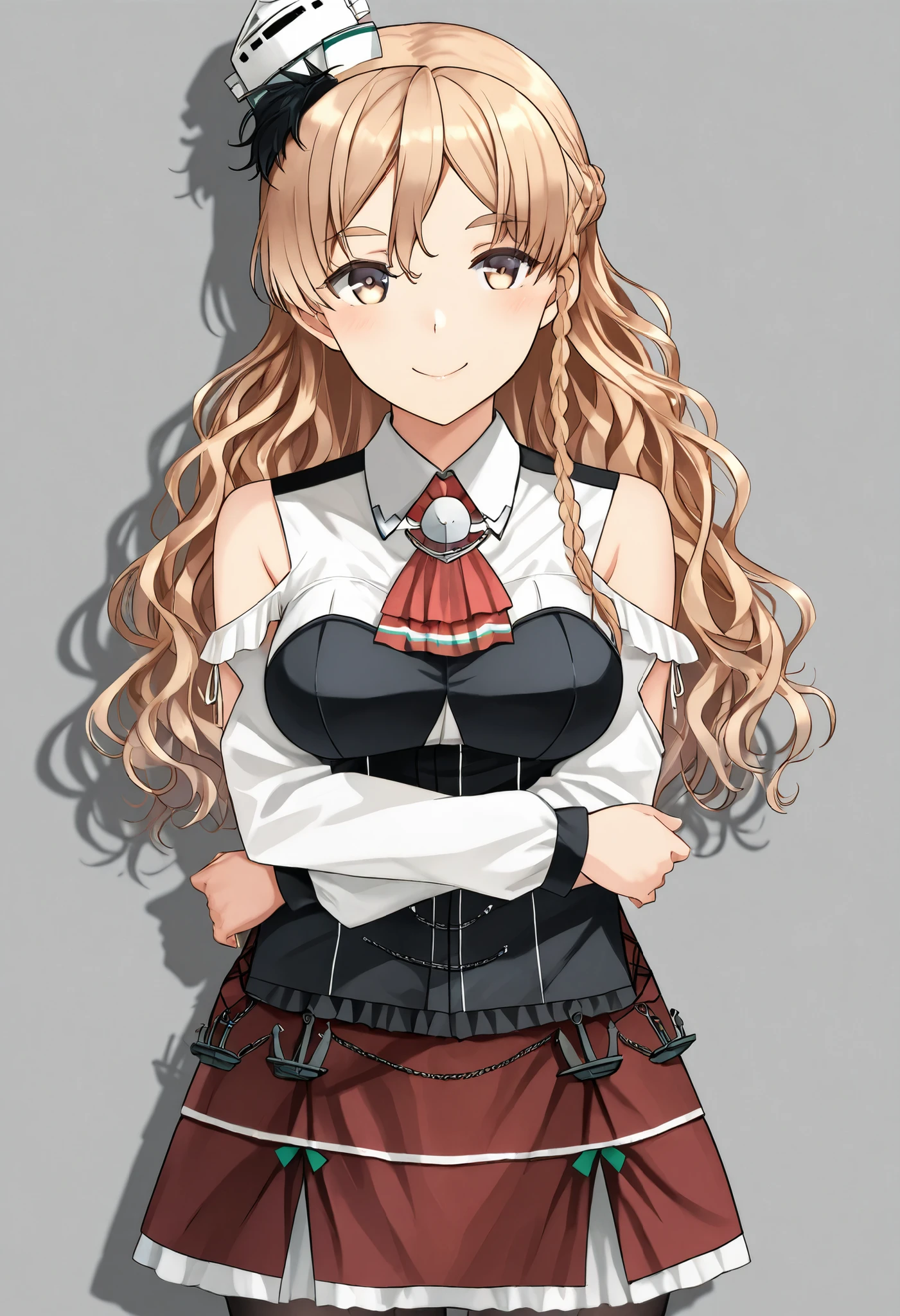 Zara (KANCOLLE))
one girl, solos, detailed skin, Smiling, 
score_9,score_8_up, score_7_up, Source_Anime, masterpiece, top quality, official art, official style,  game CG, 
zaraKC, long hair,skirt, shirt, long sleeves, bare shoulders, braid, pantyhose, miniskirt, black pantyhose, red skirt, wavy hair, french braid, mini hat,
cowboy shot, watching viewers, staring at viewers,



