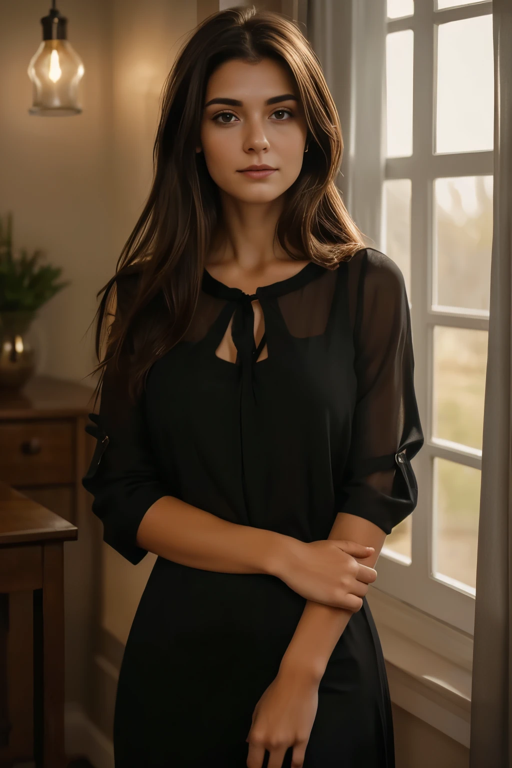 21-year-old digital woman with long dark brown hair, wearing an elegant black or dark grey blouse, standing near a softly lit window, looking directly into the camera with a calm and thoughtful expression, modern interior in the background, vertical 9:16 cinematic format