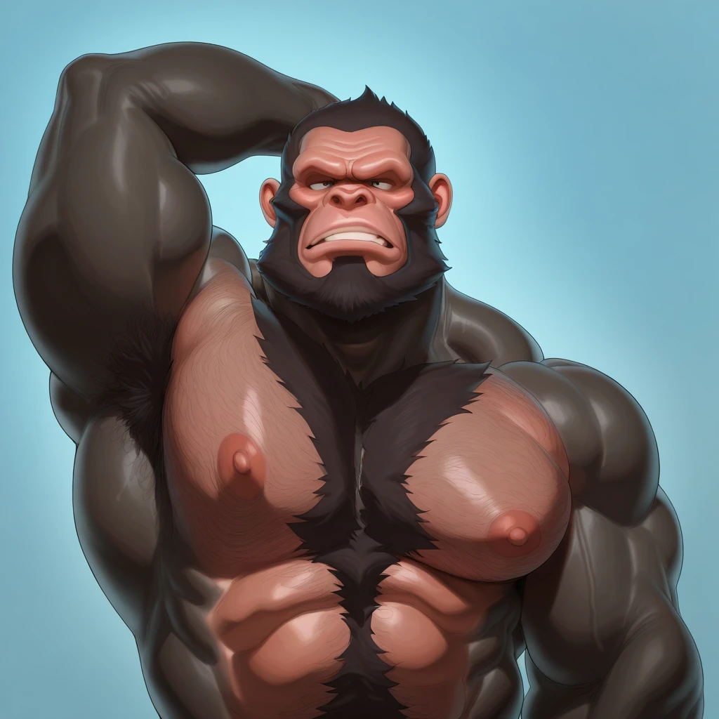 Solo, Furry, Anthro, Chimpanzee, Male, E621, Standing, Muscular, Hands behind back, Wearing underwear, Plain background, Front view, Light skin, By bebebebebe