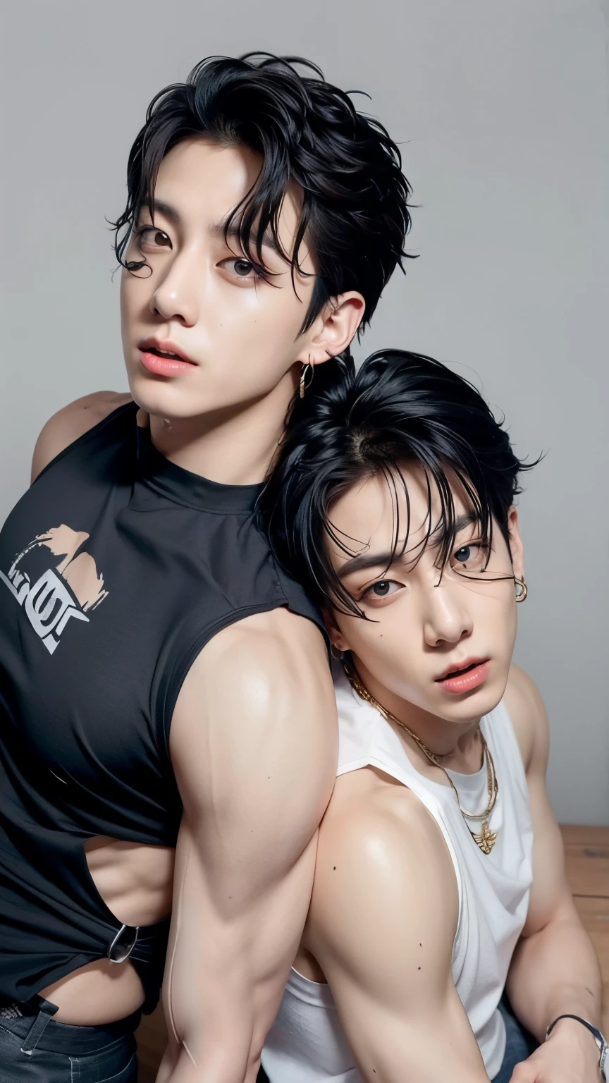 Two black hair kpop boys with guns and vest on a train