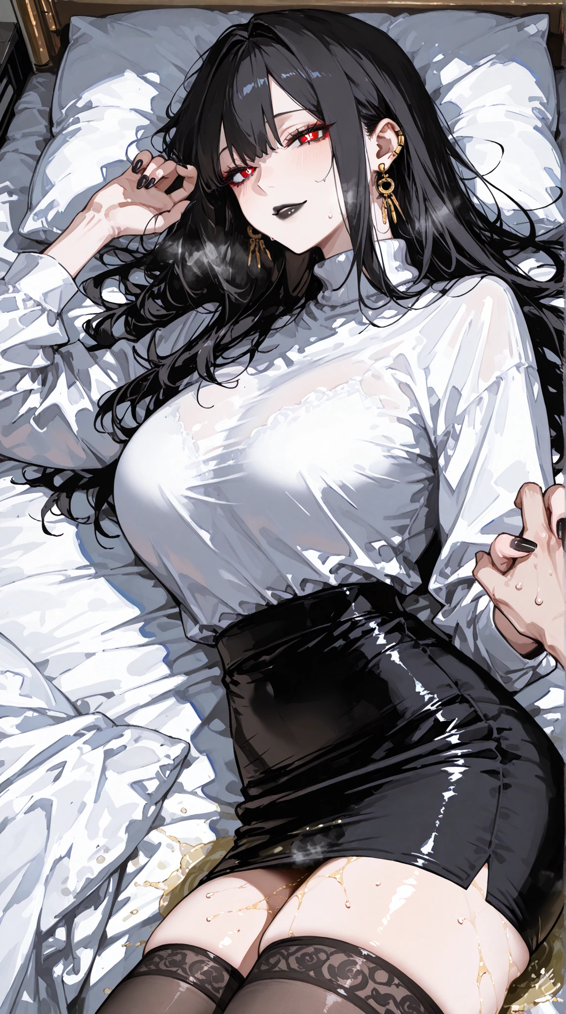 Anime girl wearing white dress lying on bed with hands on hips, seductive anime girl, Highest rated on pixiv, cover breasts and go to work, Fair and shiny skin, Revealing clothes, Beautiful charming anime woman, anime long hair girl, Charming anime girl, Smooth anime CG art, Touch her clothes, Big breasts