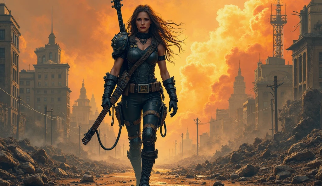 an attractive woman [gunslinger:bounty hunter:0.4] standing in a apocalyptic wilderness (endgate style:1) <lora:djzEndGate_LB2:0.8>