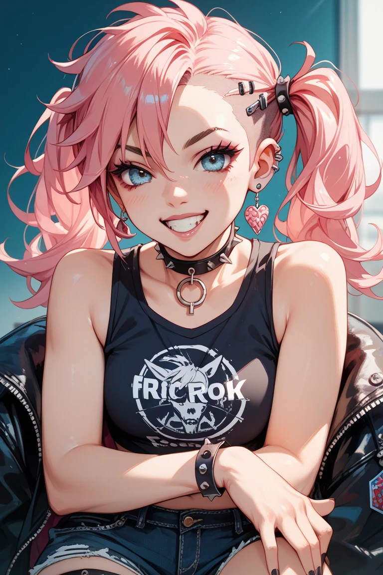 masterpiece, best quality, 8K wallpaper, HDR, octane rendering. (Color Burst:1.1), (Bright:1.1), (Colored:1.2), (Bottom:1.0), BREAK, (Trunk:1.0), (Dynamic Angle:1.0), (Rebellious Girl:1.1), ( punk:1.0), (brat:1.1), (smug:1.2), (choker:1.0), (looking at spectator:1.0), (sociopath:1.0), (crazy:1.0), (insane:1.0), BREAK, the girl has (Messy hair:1.0), shiny black hair:1.4), (Beautiful and detailed face with perfect symmetry), (Beautiful and detailed green eyes), (tongue out:1.1), (Sharp tongue:1.0 ), sharp teeth:1.0), (body with perfect anatomy, perfect natural texture, high details, shiny skin) cinematic lighting, vivid colors, detailed illustration, depth of field.