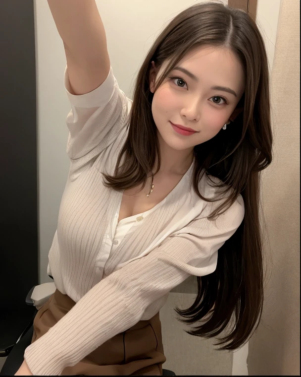 (Highly realistic photos, High resolution, Detailed face, Fine grain), ((Shooting in the room))、Japanese women, 20-year-old, A variety of expressions, alone:1, Slim figure, Round eyes、Various hairstyles, Casual clothing, 写真の中でalone、Selfie、Photographed in natural light、Simple Necklace、Spring Clothes、Looking at the camera、profile、Dark Brown Hair Color、The chest is visible、smile