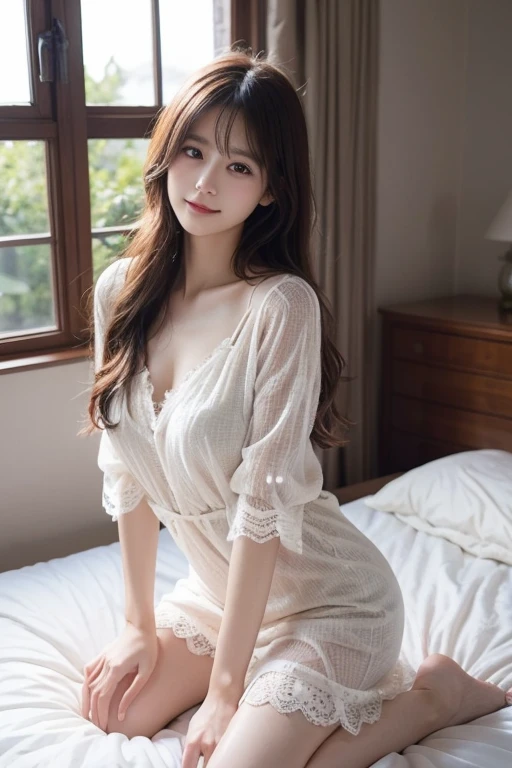 ulzzang-6500-v1.1, (RAW Photos:1.2), (Photorealistic), Beautiful detailed girl, (See through:1.3), (Genuine: 1.4), Very detailed目と顔, Beautiful and beautiful eyes, Elegant long dress、(A very loving smile:1.2)、Large file size, High resolution, Very detailed, Highest quality, [masterpiece:1.6], Awareness-raising, Very detailed, Hmph, finely, Highest quality, 8k wallpaper, Cinema Lighting, 1 girl, 17 years old, Perfect figure, Cute droopy eyes、Beautiful big eyes、Pick finger, ((The pieces fly)), Highest quality, 1 girl, eye shadow, Upper Body, Portraiture, ((Full Body Shot:1.2))、Beautiful mature woman、