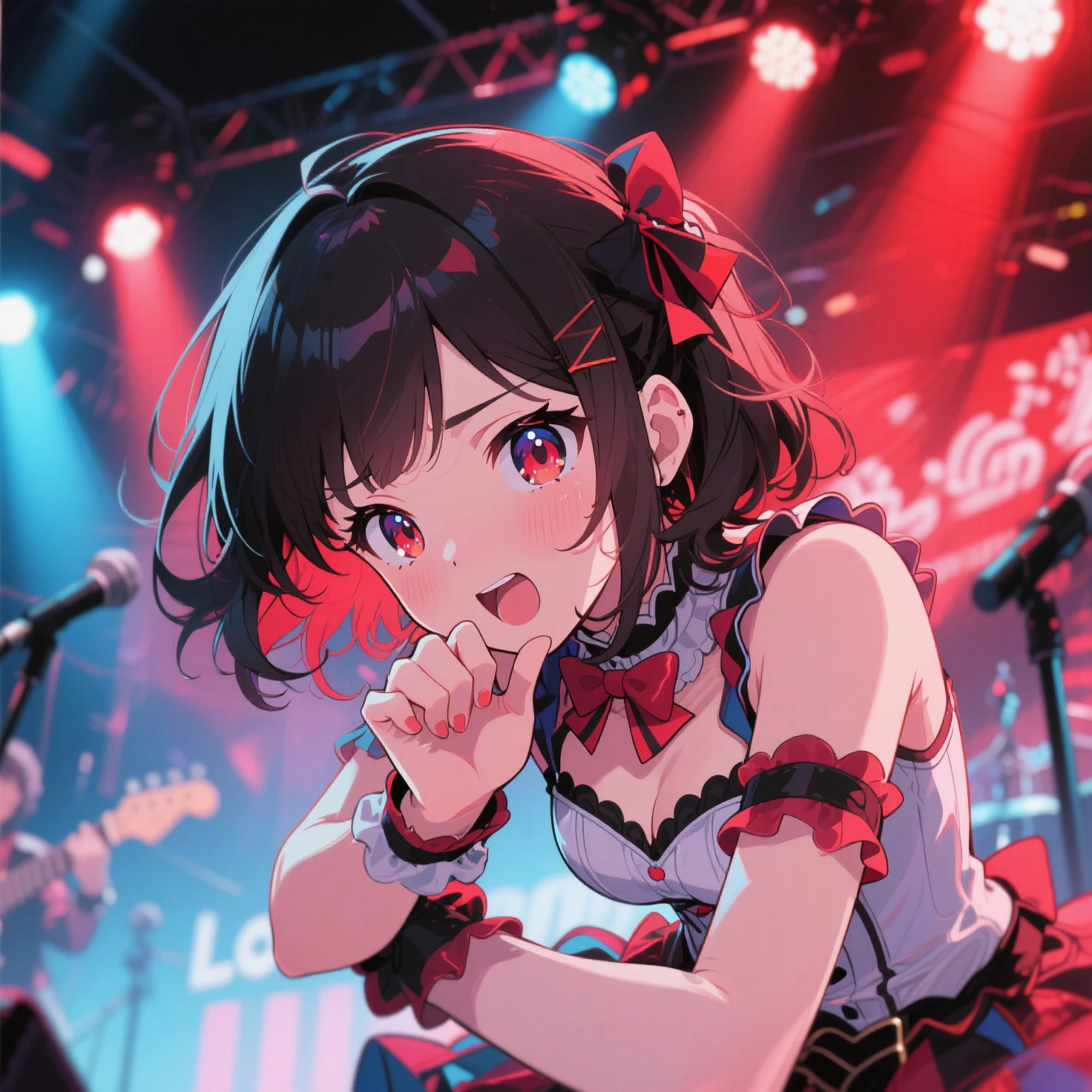 20 year old woman, beauty, beautiful black hair, bob cut, beautiful red eyes, flower hair ornament, person close-up, being in a live venue, costume with lots of frills, singing with microphone in one hand, idol, smile, light dancing,