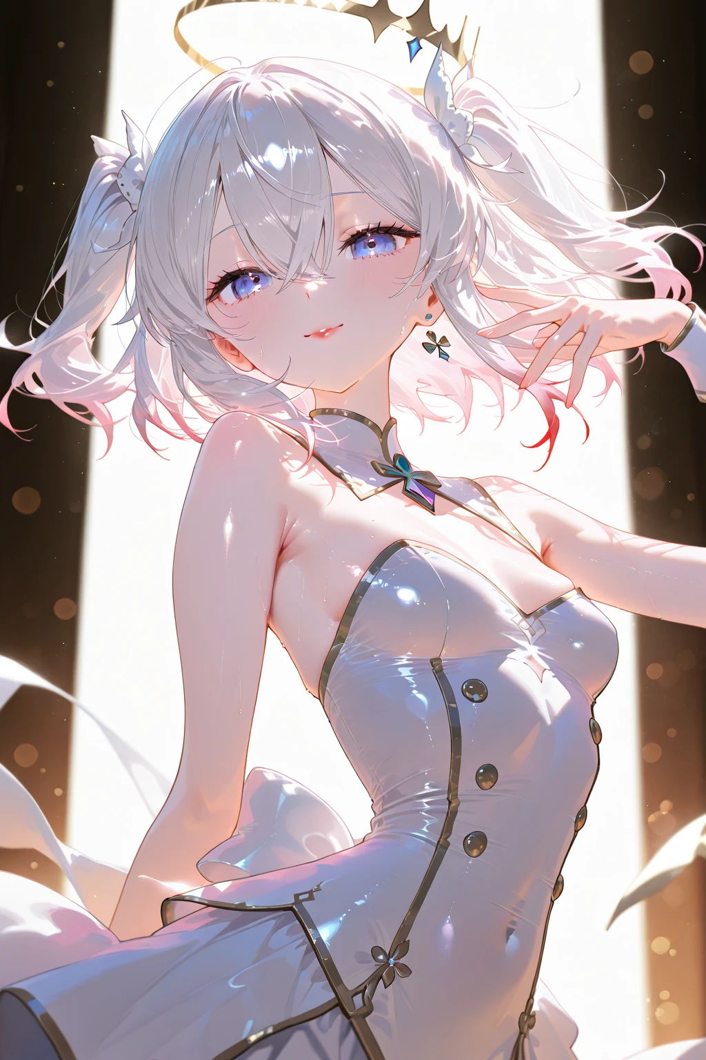 Thin girl, short white hair, red eyes, shy look, white eye patch on the left, fetishistic costume, y space, transparent white dress, exposed shoulders, sweat, white ruffled choker., UHD, masterpiece, accurate, anatomically correct, textured skin, best quality, 4K