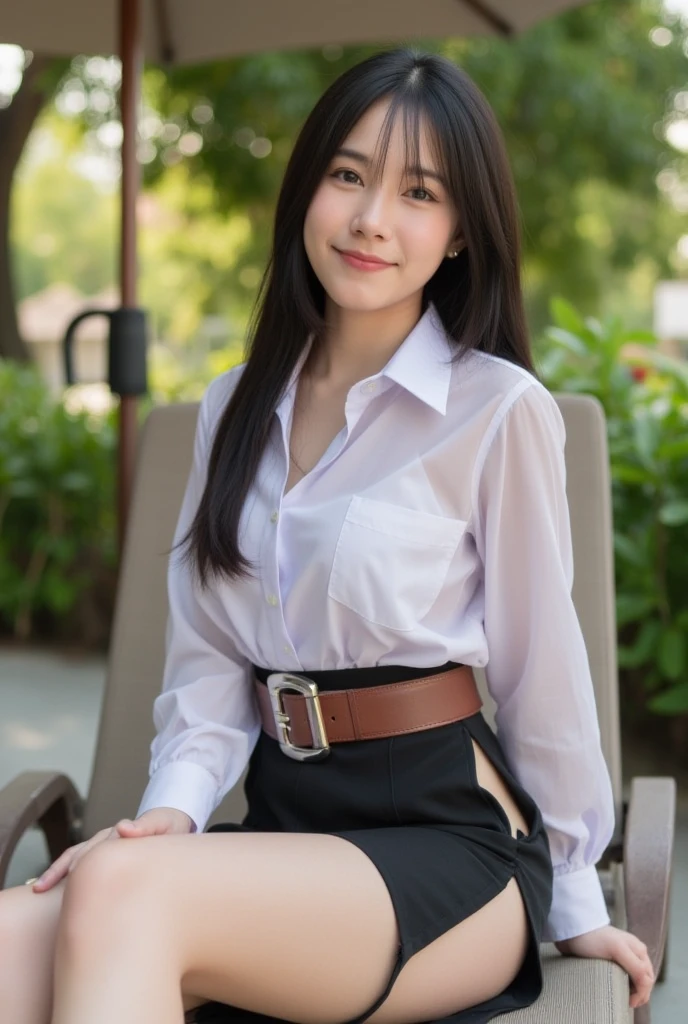 Ultra-high resolution,(reality: 1.4),Highest quality, masterpiece, Attention to detail, 16K quality, beautiful, 1 beautiful girl,Japanese,super beautiful face,Baby Face,Japanese idol face,Cute Face,Highly detailed face,Detailed hands,beautiful skin,Oily skin,Big eyes,Professional Lighting,ponytail,Brown Hair,black beautiful eyes, Big smile,Sitting with your knees up, (Skirt Lift),Big Breasts,Sheer white shirt,(Check skirt),White panties,(Showing panties),Camel Toe,Black knee-high socks,Spread your legs, She is looking at the camera,garden,blue sky, Browsing Caution,from the front,