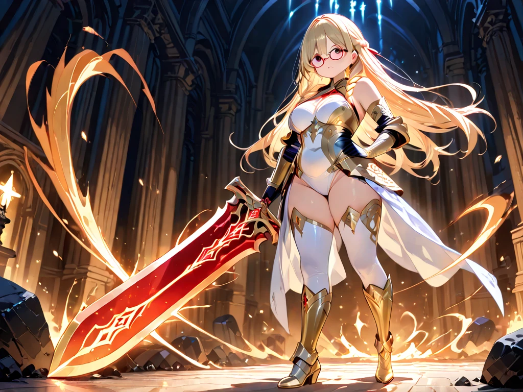 (Perfect Anatomy)、Mastepiece、Ultra High Quality、 8K、masterpiece、Highest quality、Ultra-high resolution、Maximum resolution、Very detailed、Professional Lighting、anime、woman、thin、so beautiful、Highly detailed eye、Highly detailed face、Golden earrings、Blonde, hair bun, Yellow Eyes、Mid-chest, goddess armor, white open mini skirt , full body, gold pattern, white super long boots, white long gloves, female martial artist, high heels, white clawed gauntlets, white cute headgear, fighting stance, gold knee armor, glowing eyes, ((Spinning kick)), fighter, fighting, (torn clothes:1.9), (Monsters attack:1.8)
