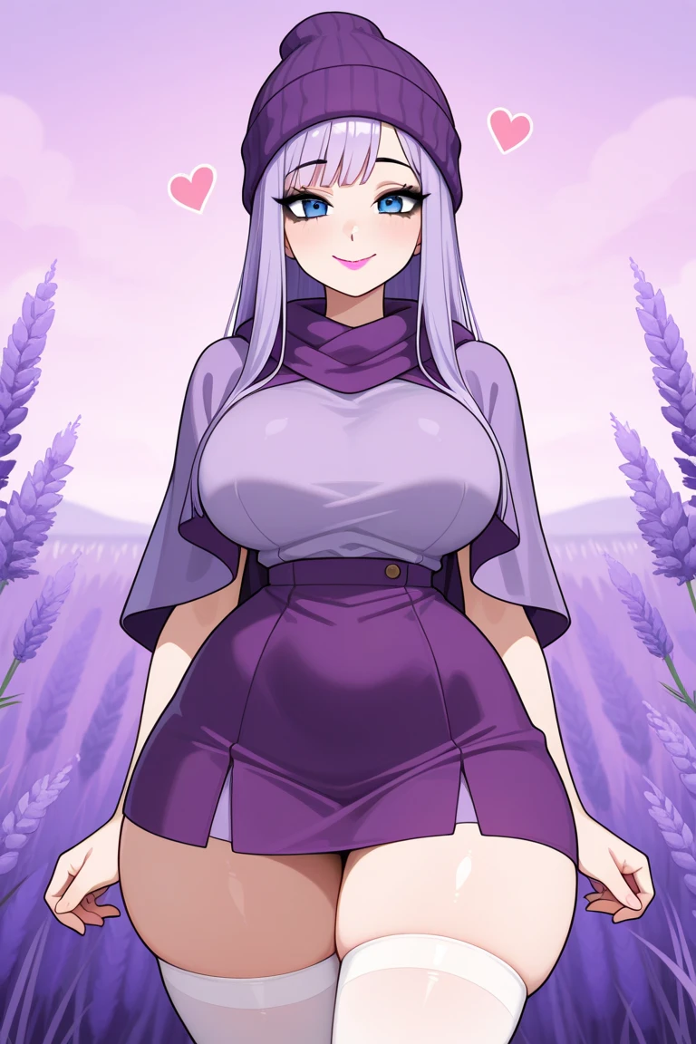 high_aesthetic,art by Lazorchef, ((Masterpiece, best quality, perfect lighting, amazing shading)), perfect anatomy, field of depth, extremely beautiful, long silver hair, hair ribbons, purple eyes, turtleneck sweater dress, leggings, cute smile, blushing, (cowboy shot), (elegant pose), simple background