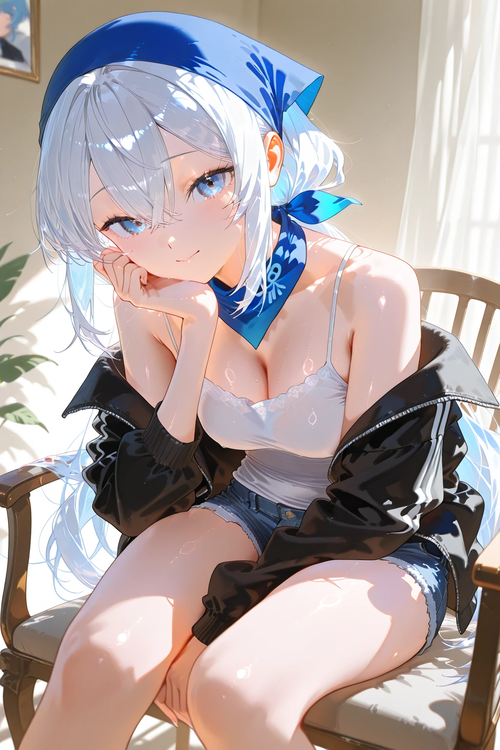best quality, ultra precision, 1girl, cute, little girl, young, boyish, childish, small breasts, silver hair, cat ears, blue eyes, beautiful eyes, girl, ecstasy, sailor collar, estrus, metestrus, start to undress, naughty mood, she loves you, lost virgin, virgin, blush, beautiful skin, big bow on chest I'm not wearing panties BLUE SWEATER, BLACK SHIRT, SHIRT UNDER SWEATER, OFF SHOULDER TOP) Tsundere leaning against the wall