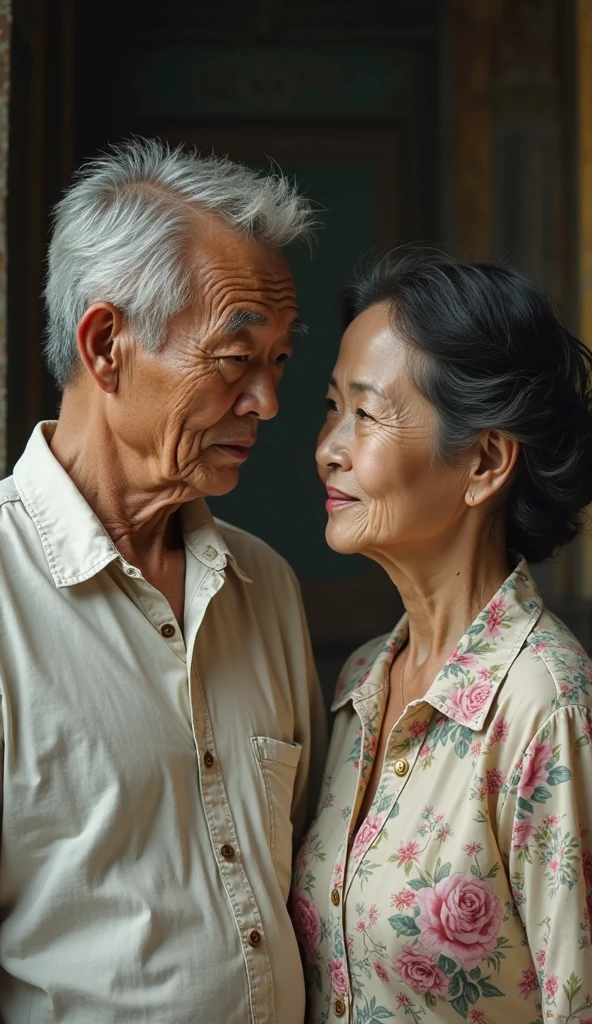 Generate a hyper-realistic photo portrait of a 90-year old Filipino husband and wife, both with gray hair and wrinkled skin. The wife is facing the camera, her expression serene and content. She wears traditional Filipino attire, such as a barong Tagalog or a Filipiniana dress. The husband, standing behind her, leans in to kiss her on the side of her forehead. His eyes are closed, and he has a gentle smile on his face. The couple's love and affection for each other are evident in their body language and expressions. The background is blurred, focusing attention on the couple's intimate moment. Consider the couple's specific features, such as their eye color, skin tone, and clothing style.

Think about the lighting and setting for the portrait. A natural, soft light source would create a warm and inviting atmosphere. Pay attention to the details, such as the couple's hands, the wrinkles on their faces, and the texture of their clothing
