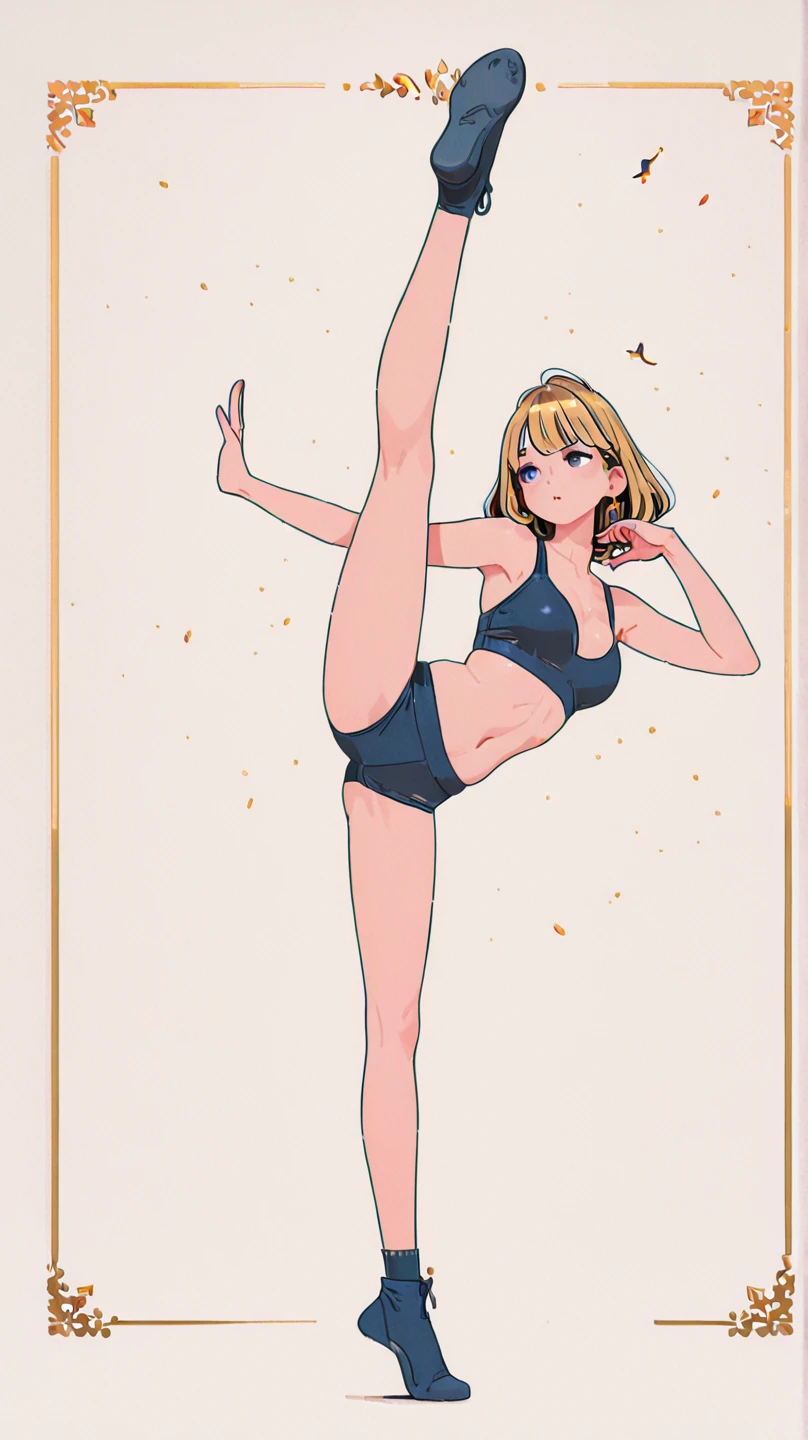 May 23(gold),A woman whose name is BIRDS'EYE,EXERCISE POSES ,Pose where one leg is raised and supported,bird's-eye view,delicate depiction down to the smallest detail, Fine finish ,And the gorgeous cinematic expression,has traditional decorations on the background,8k pixel,8K Rendering,