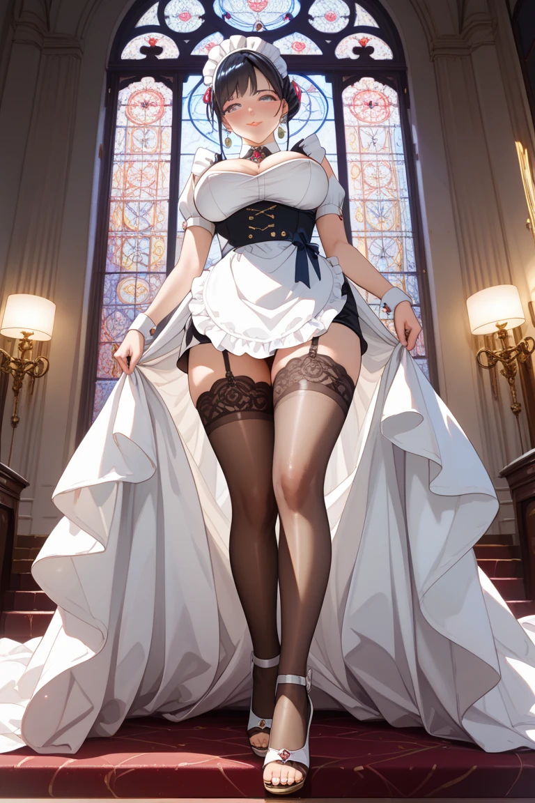 Ultra-realistic 8k CG, beautiful girl with white hair, blue eyes, open mouth, puffy, plump body, nun bandana, corset nun gown, fleshy thighs, white patterned stockings, high heels, full body, looking at the audience, symmetrical, charming, complex, sexy, elegant, hands interlocked,
