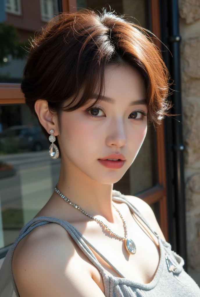 ((realistic Sunlight, 8k, highest quality, masterpiece: 1.3)), (realistic, sharp focus: 1.2), A very delicate and cute Japanese girl: 1.4, (1 girl)), perfect style, super detailed, High resolution, (off shoulder: 1.1), (black hair, short hair, bob cut: 1.2), (big, whole body: 1.3), Highly detailed face and skin texture, detailed and beautiful eyes, Slight redness on the face and nose, blue eyes, green eyes, red lips, eye make up, thin abs: 1.2, shiny skin, necklace, earrings, beach, outdoors, realistic shadow,