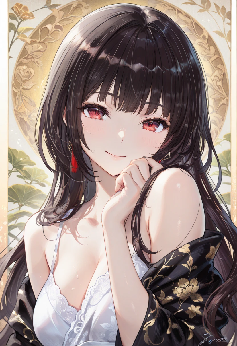 best quality, highres,Slender、(delicate:1.4)、brown eyes、tall、7 life size、black hair、long hair,straight hair、luxury hotel、on the bed、(naked:1.4),、(flower hair ornament:1.4),(upward glance:1.3)、tits、ponytail、cute