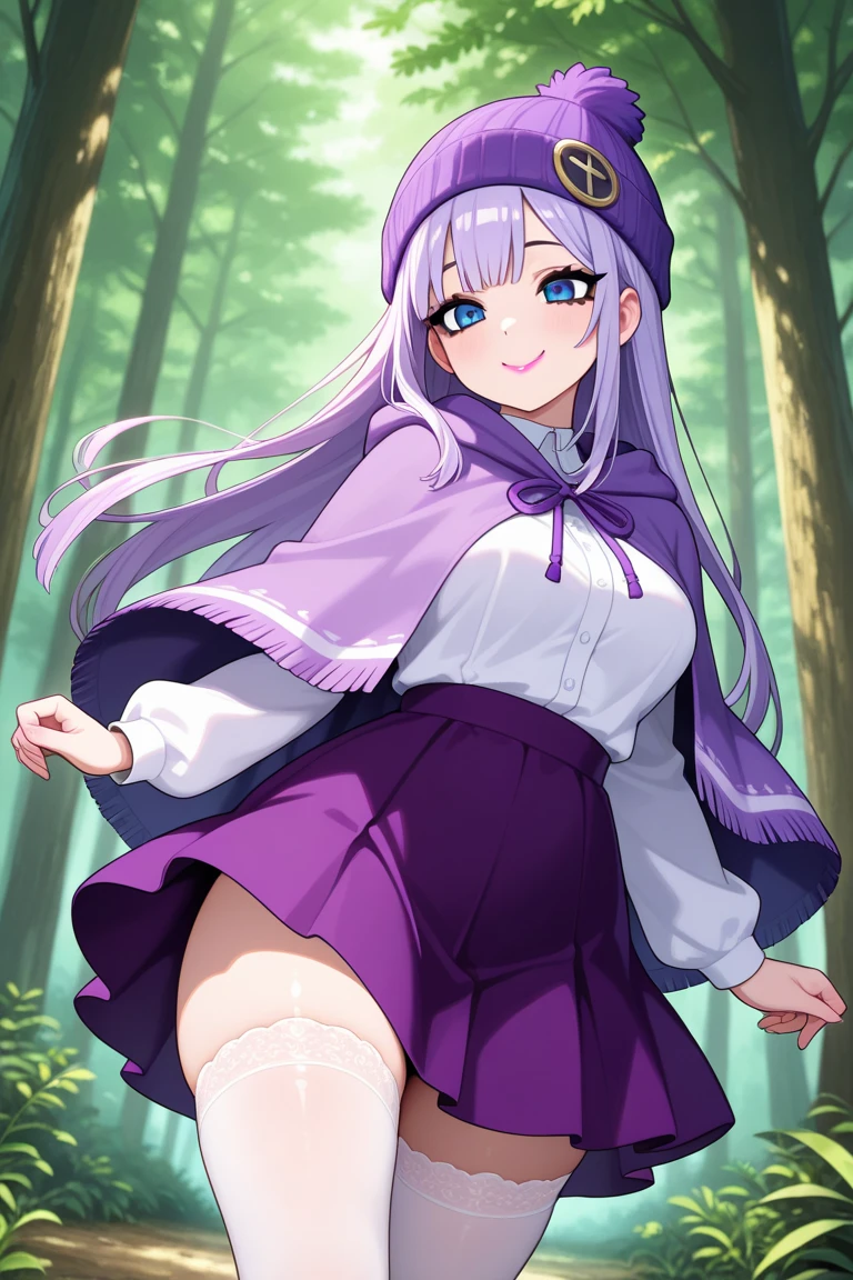 1girl, mitosao, long hair, solo,  ponytail,braid, red eyes, x hair ornament,  purple hair,BREAK,cowboy shot, 
Enchanted forests, moss-covered trees, ethereal atmosphere, woodland trails, hidden waterfalls, fairy-tale settings,BREAK Sturdy shoes, waterproof jacket, warm layers,gloves, scarf,