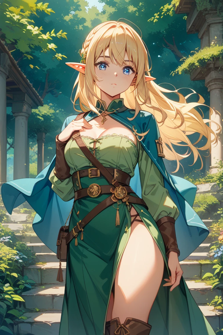 Girl, blond and straight and long hair in a ponytail, huge , green eyes, standing ready to fight in a forrest, big smile, thight green armored dress with gold decorations, completely visible, oly nipels covered, half naked, age of 25, sword in hand, golden laurel wreath, elven ears