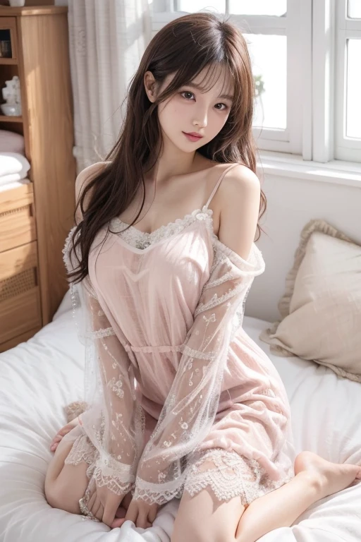 White Room、Vermilion floral lace chiffon dress、(Highest quality)、((Very detailed))、4K、(8K)、masterpiece、Very detailedな、Highest quality、Super Resolution、1 person、Kind Face、Soft Light、RAW quality、Soft Skin、163cm、30 years old、Thighs
