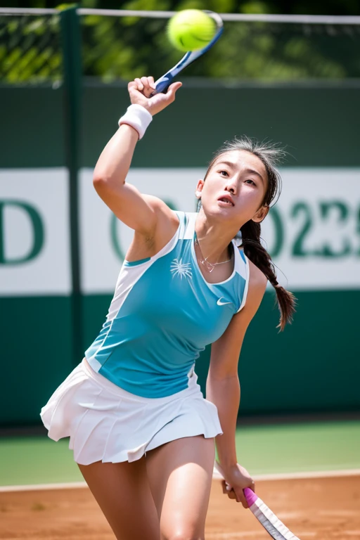 masterpiece, high-quality, a young woman, playing tennis, wearing tennis wear, perfect face, perfect hands