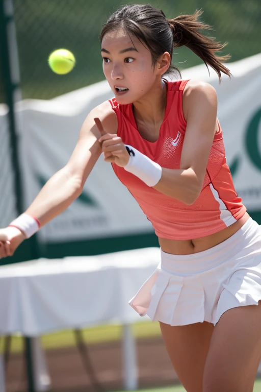 Best-quality, Masterpiece, Ultra-High-Resolution, (Photorealistic:1.4), Raw-Photo, Extremely-Details, Perfect-Anatomy,
1girl, the most famous Japanese idol, playing tennis at tennis indoor court, wearing colorful tennis uniform's sleeveless shirt, wearing colorful tennis uniform's skirt, wearing white tennis uniform's cap, cowboy-shot, innocent smile, dynamic-pose, upturned beautiful buttocks, extremely cute face like a popular Japanese idol, extremely beautiful big black solid circle eyes, extremely beautiful black short-cut-haired, extremely beautiful white skins, extremely beautiful thighs,
detailed cute face, detailed beautiful big black solid circle eyes, detailed beautiful black short-cut-haired, detailed beautiful white skins, detailed beautiful thighs, detailed colorful tennis uniform's sleeveless shirt, detailed colorful tennis uniform's skirt, detailed white tennis uniform's cap