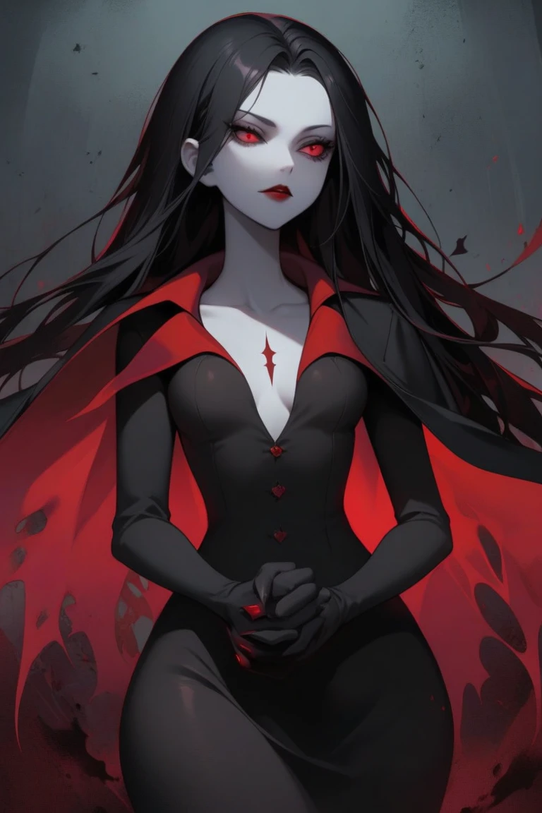 1 girl, (Masterpiece), dynamic lighting, dynamic colors, (scenery), best pose, (gacha splash background), female, (((milf, small head, small eyes, angular face, angular chin, long face, mature face, mature))), (human), (jet black colored hair, long sleek hair, sleek hair, scarlet red colored eyes, glowing eyes), sparkly eyes, (super expressionless, super expressionless eyes, super confident pose, super expressionless expression), (((long dress made out of black smoke, all black dress, black dress, full dress, covered))), (((big breasts))), ((tall, lengthy body, deathly pale, scarlet red lips, slim waist, slim)), 