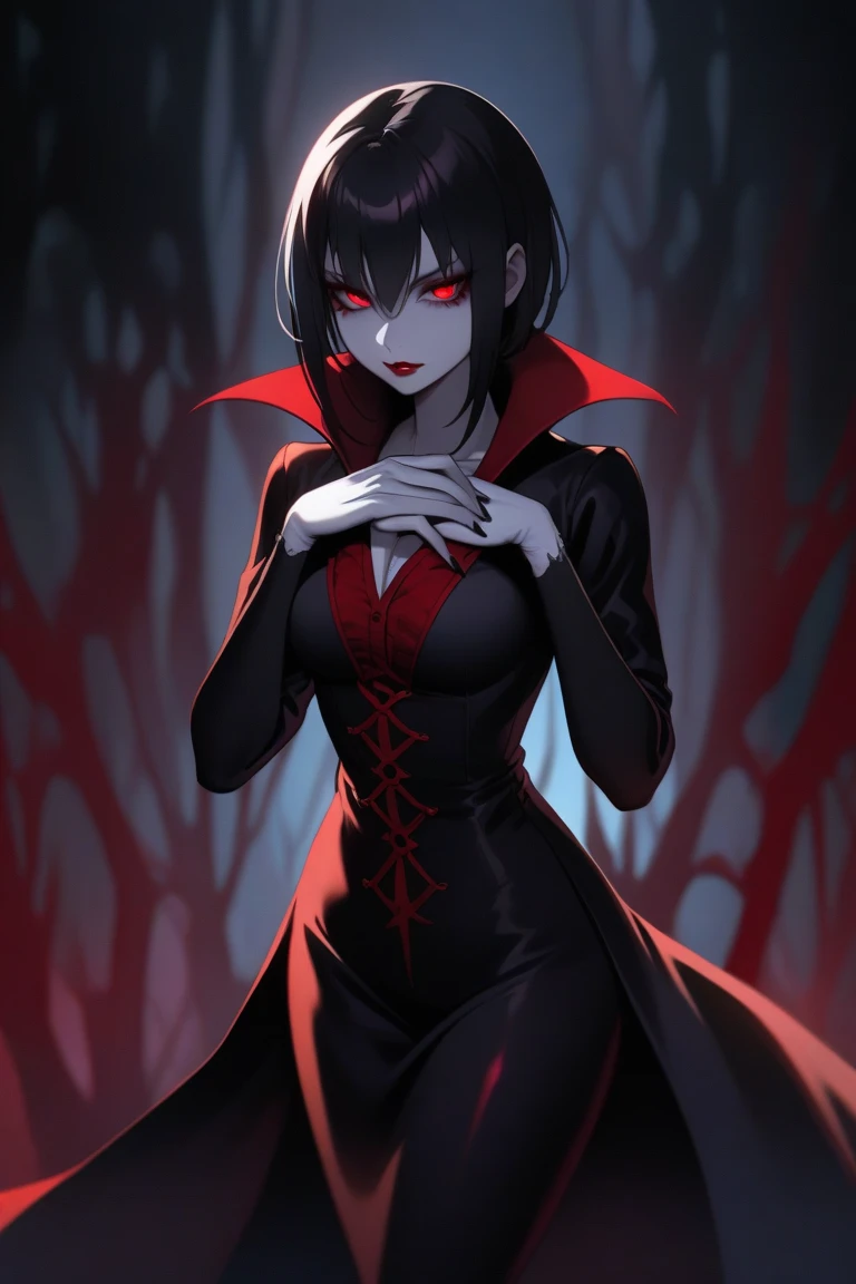 A female anime character with short black hair, red eyes, pale skin, and shadow power super heroine 