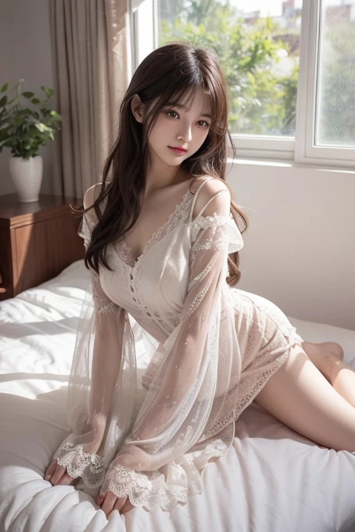 woman in long dress sitting on bed、wearing a white collared shirt、step feet forward, beautiful foot、eyes shedding tears: 1.forest shooting々, (8K) , masterpiece, (No embellishment required, Gloss on lips, False lashes, realskin, Highest quality, 超高分辨率, depth of fields, color difference, Caustics, wide lighting, naturalshadow))韓国アイドル、Live recording、sauce order、Asian woman smiling to Fi,、Young and beautiful gravure idol, Young thin gravure idol, Realistic Young gravure idols, Young gravure idols, Japanese model, Shot with Canon EOA 6 D Mark II, Shot with Canon eos 5d mark IV, Young gravure idols,