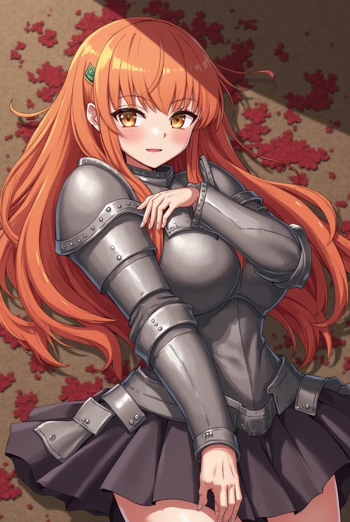 asuna, ((masterpiece)), highres, asuna (sao), crown braid, light orange hair, armor, cherry blossoms, dutch angle